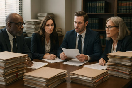 Lawyers and paralegals working together, examining legal documents during a serious meeting in a law officeの素材