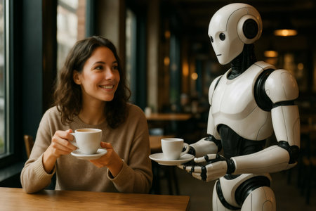 Humanoid robot serving coffee to a smiling woman in a cafe, showcasing the future of automated services and human robot interactionの素材