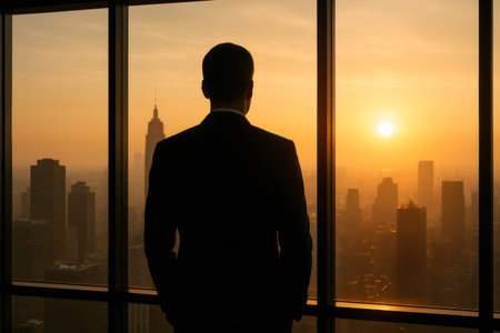 Businessman admiring New York City skyline at sunrise from a skyscraper window, contemplating new opportunitiesの素材