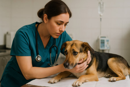Veterinarian examining and comforting a sick dog lying on the examination table in a veterinary clinicの素材