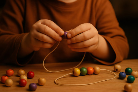 Close up of a child's hands stringing colorful wooden beads onto a string, under warm lighting, developing fine motor skills and engaging in creative playの素材