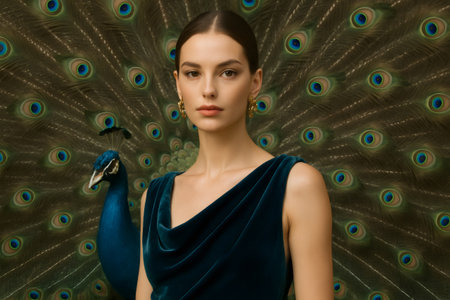 Studio portrait of a fashion model posing with peacock feathers as background, wearing a teal velvet dress and golden earringsの素材