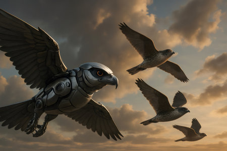 Metallic robotic falcon flying at sunset leading a formation of birds, concept of artificial intelligence and natureの素材
