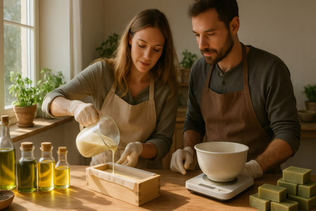Two soap makers wearing aprons and gloves are carefully pouring a mixture into a wooden mold, crafting handmade soap bars in their workshopの素材