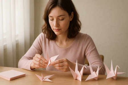 Woman folding pink origami cranes on a wooden table at home, immersed in the art of paper crafting, showcasing creativity and concentrationの素材