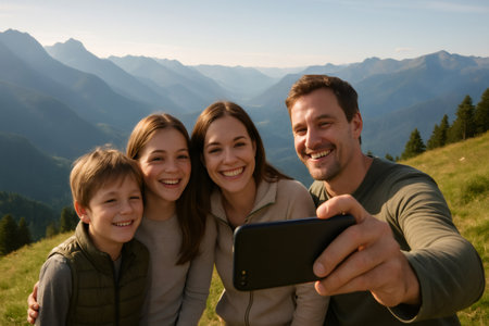 Happy family taking a selfie on a mountaintop, enjoying a scenic view during their hiking tripの素材