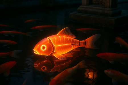 Glowing robotic koi fish swimming in a pond at night among real koi fish, creating a contrast between nature and technologyの素材