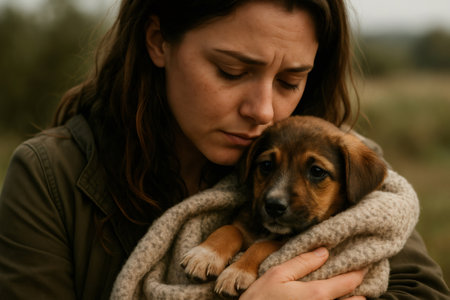 Veterinarian holding a rescue puppy wrapped in a blanket, showing care and compassion for animalsの素材