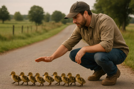 Farmer crouching low, carefully guiding a line of adorable ducklings across a rural country road, ensuring their safety and protectionの素材