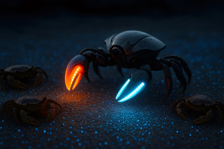 Robotic crab with glowing claws walking on glittering sand meeting real crabs in a dark environmentの素材