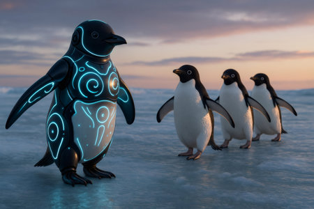 Glowing robotic penguin is leading a group of penguins on an icy surface at sunset, showcasing a blend of nature and technologyの素材