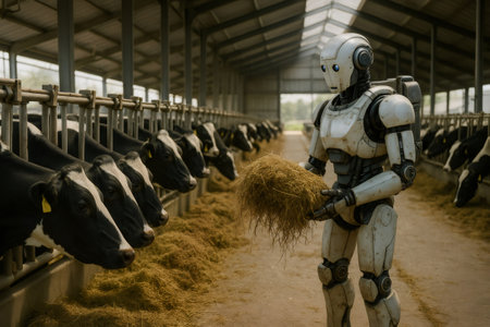 Futuristic robot carrying hay to feed cows in automated farm, showing advancements in agricultural technology and roboticsの素材