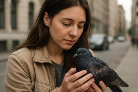 Young woman gently holds a pigeon in her hands, showcasing a moment of connection between human and animal in an urban environmentの素材