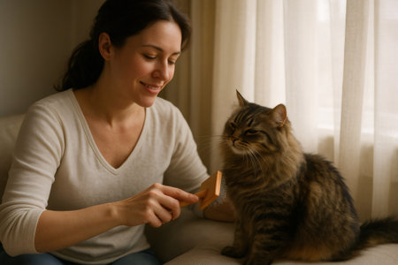 Smiling woman brushing her tabby cat while sitting on a cozy sofa, sunlight streaming through the window adorned with soft curtainsの素材