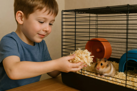 Young boy taking care of his pet hamster, feeding it fresh bedding in its cage, showing love and responsibility for animalsの素材