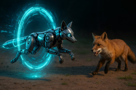 Robotic fox is leaping from futuristic portal and meeting a real fox in a surprising encounterの素材