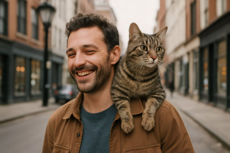 Happy man walking down the street with his tabby cat perched on his shoulders, enjoying a cheerful day in the vibrant urban settingの素材