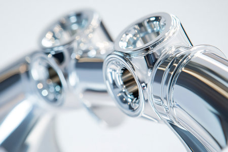 Shiny metallic pipes reflecting light, showcasing precision engineering in industrial manufacturingの素材