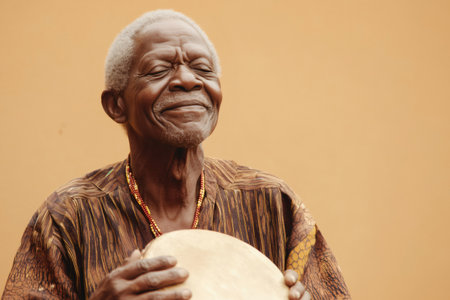 Elderly African man wearing traditional clothing and necklaces is playing a drum with his eyes closed, embracing the rhythm and enjoying the musicの素材