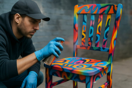 Street artist wearing gloves and baseball cap using spray paint to decorate wooden chair with colorful graffitiの素材