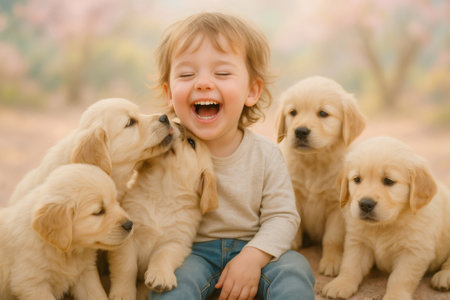 Joyful toddler laughing and playing with adorable golden retriever puppies in a sunlit outdoor park, embracing the spirit of childhood funの素材
