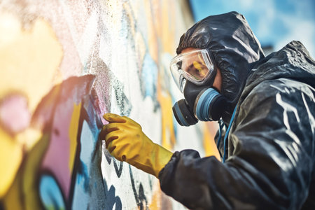 Worker is cleaning graffiti from a wall wearing a hazmat suit, gloves, goggles and respiratorの素材