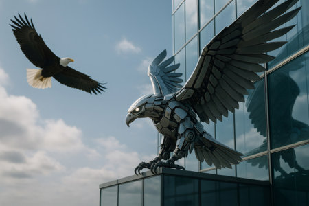Robotic eagle landing gracefully on a sleek, modern glass building, while a majestic real eagle soars nearby against the urban skylineの素材