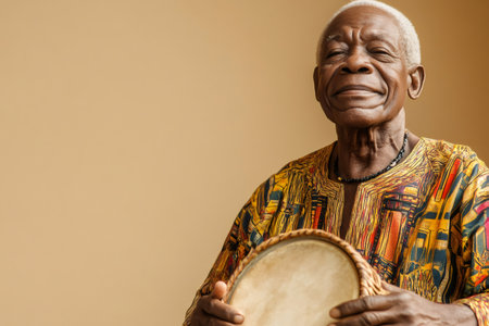 Portrait of a smiling senior African man wearing traditional clothing holding a drum against a neutral backgroundの素材