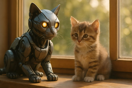 Robotic cat and real kitten sitting on windowsill, representing the contrast between artificial intelligence and natureの素材