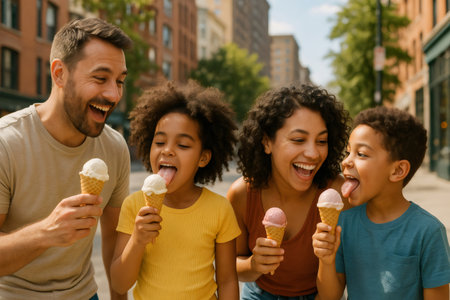Cheerful family of four licking ice cream cones on a sunny day, enjoying a sweet treat together outdoorsの素材