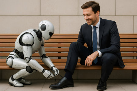 Humanoid robot tying shoelaces of smiling businessman sitting on bench, concept of artificial intelligence and personal assistantの素材