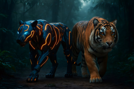 Robotic tiger and real tiger walking side by side in a misty jungle at night, showcasing a blend of nature and technologyの素材