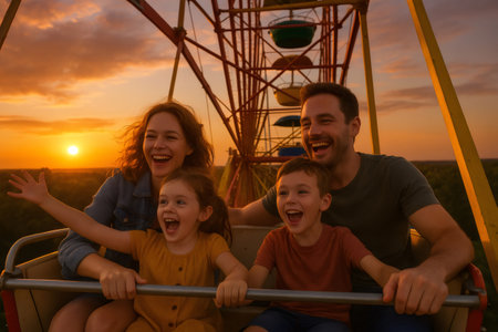 Family enjoying a ride on a ferris wheel, laughing and having fun together during a beautiful sunsetの素材