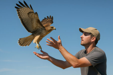 Falconer releasing a majestic hawk into the bright blue sky on a sunny day, showcasing the beauty of nature and the art of falconryの素材