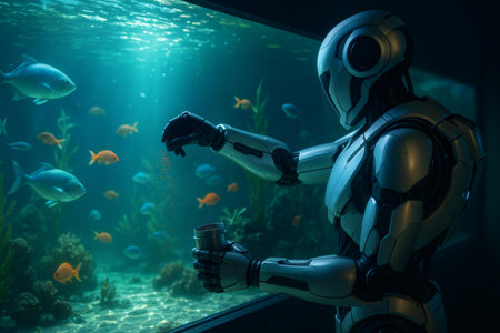 Futuristic robot carefully sprinkles fish food into a large, vibrant aquarium, showcasing the intersection of technology and natureの素材