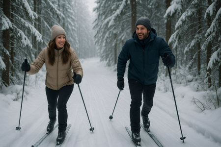Smiling man and woman practicing cross country skiing in a snowy forest, enjoying winter sports and outdoor activitiesの素材