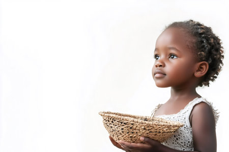 Young African girl holding a wicker basket, gazing upward with a sense of hope against a stark white background, embodying innocence and resilienceの素材
