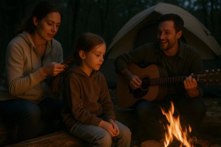 Mother braiding daughter's hair while father strums guitar by the campfire, creating a cozy evening filled with warmth and musicの素材