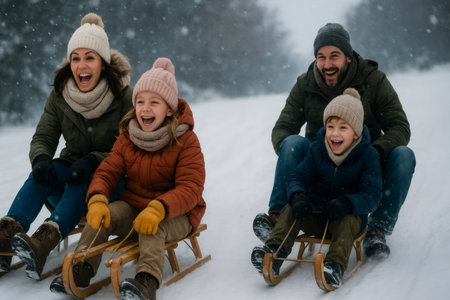 Happy family enjoying a sled ride down a snowy hill, laughing and having fun together during winter holidaysの素材