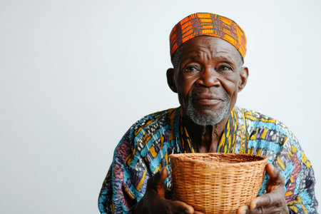 Elderly African man wearing traditional clothing holds a small woven basket, representing African culture and traditionの素材