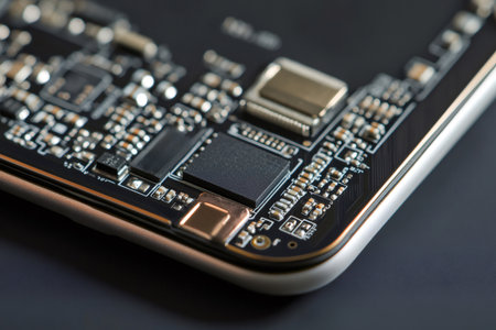 Electronic circuit board showing microchips, processors, resistors, capacitors and other components forming a complex network of connectionsの素材