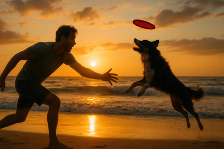 Border Collie joyfully jumping to catch a flying disc while playing with its owner on a beach, basking in the warm glow of sunsetの素材