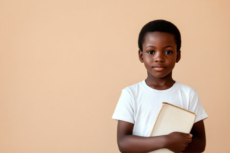 Portrait of a calm African boy holding a book, embodying the values of education and literacy while promoting the importance of learningの素材