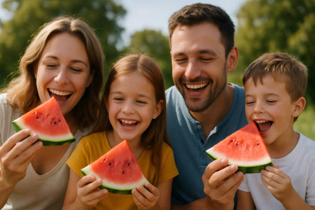 Family enjoying delicious slices of watermelon while laughing and playing together in a sunny park on a vibrant summer dayの素材