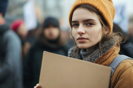 Young woman holding a blank cardboard sign during a protest march, demonstrating for equal rights and social justiceの素材