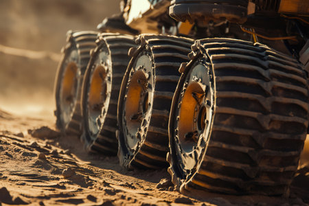 Close up of rover wheels moving across Mars' terrain, highlighting exploration and discovery in spaceの素材