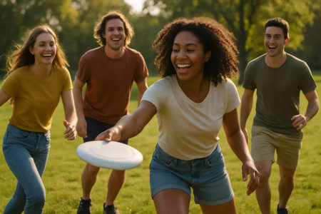 Group of happy friends playing frisbee in a park, running and laughing together on a sunny dayの素材