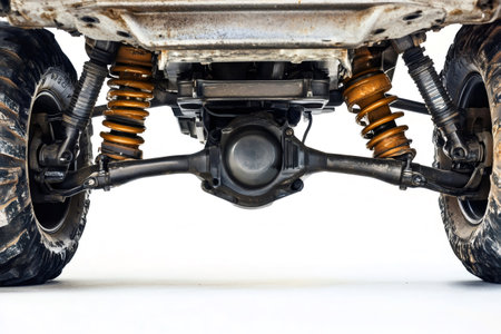 Bottom view of an off road vehicle featuring suspension, axle, and differential, highlighting its rugged design and capability to handle challenging terrainsの素材