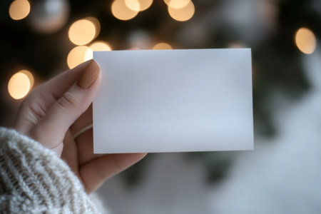 Woman wearing a knitted sweater holding a blank thank you card with Christmas lights bokeh in backgroundの素材