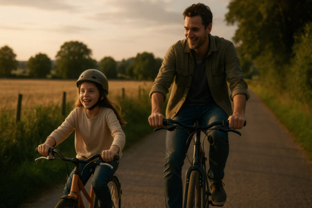 Father and daughter are riding bicycles on a country road, enjoying the golden light of sunset and smiling happilyの素材